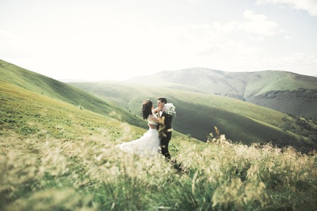 Beautiful wedding couple, bride and groom, in love on the background of mountains.の写真素材