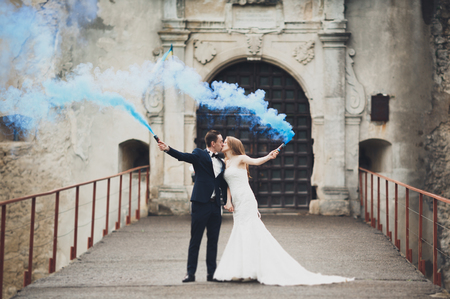 The bride and groom with smoke bombs on the background of castle.の写真素材