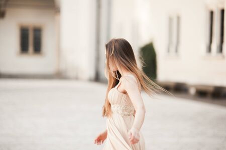 Beautiful girl with long hair posing in old castle with columns. Krakow Vavel.の写真素材