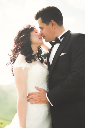 Beautifull wedding couple kissing and embracing near mountain with perfect view.の写真素材
