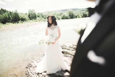 Elegant gentle stylish groom and bride near river with stones. Wedding couple in love.の写真素材
