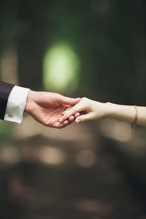 Wedding couple bride and groom holding hands.の写真素材