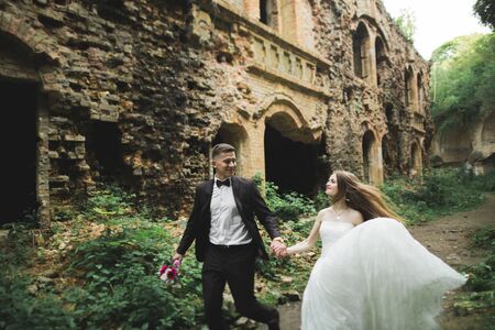 Amazing happy gentle stylish beautiful romantic caucasian couple on the background ancient baroque castle.の写真素材