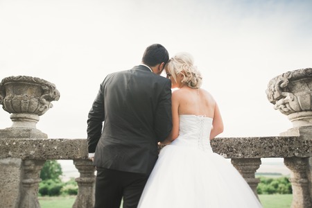 Beautiful romantic wedding couple of newlyweds hugging near old castle.の写真素材