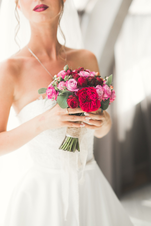 Wonderful bride with a luxurious white dress posing in the old town.の写真素材