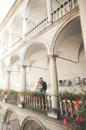 Luxury married wedding couple, bride and groom posing in old city.の写真素材