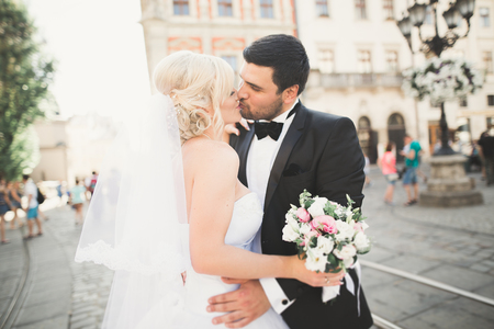 Luxury married wedding couple, bride and groom posing in old city.の写真素材