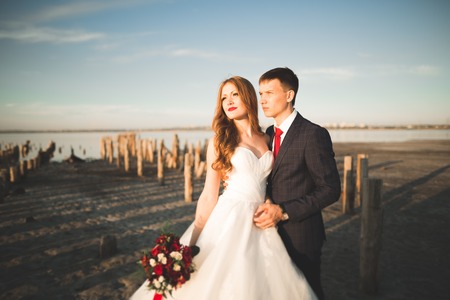 Beautiful young wedding couple, bride and groom posing near wooden poles on the background sea.の写真素材