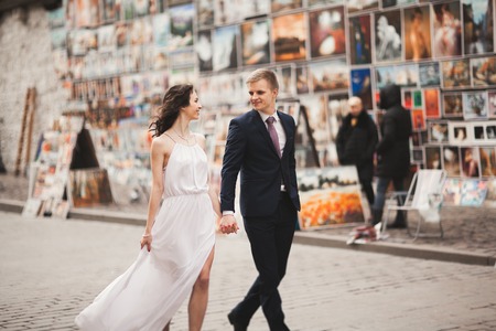 Gorgeous wedding couple, bride, groom kissing and hugging against the background of paintings.の写真素材