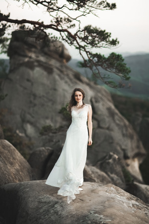 Gorgeous bride in elegant dress holding bouquet and posing near forest.の写真素材