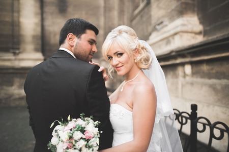 Luxury married wedding couple, bride and groom posing in old city.の写真素材
