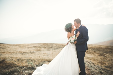 Happy wedding couple posing over beautiful landscape in the mountainsの写真素材