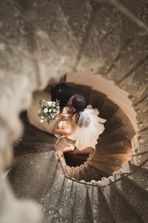 Beautiful, passionate wedding couple posing on stairsの写真素材