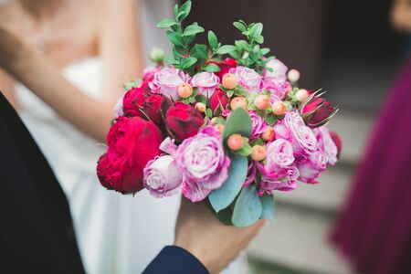 Beautiful luxury wedding bouquet of different flowers.の写真素材