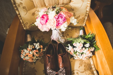 Mens accessories with luxury shoes. Top viewの写真素材