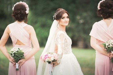 Bride with bridesmaids in the park on the wedding dayの写真素材