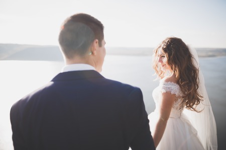 Happy wedding couple staying over beautiful landscapeの写真素材