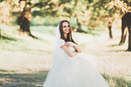 Beautiful brunette bride in elegant white dress holding bouquet posing neat treesの写真素材