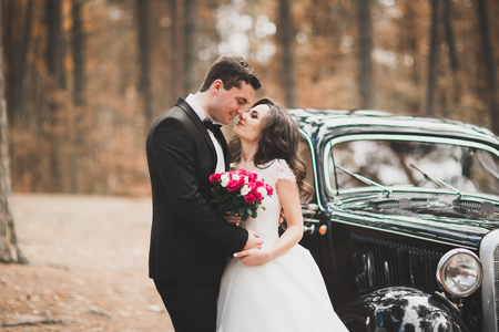 Stylish wedding couple, bride, groom kissing and hugging on retro carの写真素材