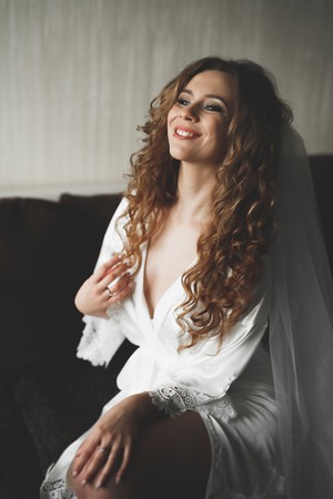 Portrait of beautiful bride with fashion veil at wedding morning. Wedding dress.の写真素材