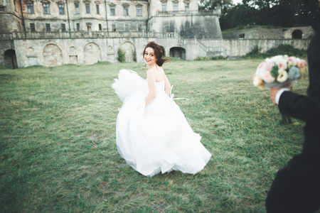 Amazing happy gentle stylish beautiful romantic caucasian couple on the background ancient baroque castleの写真素材