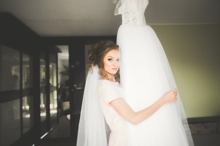 Beautiful bride wearing fashion wedding dress with feathers with luxury delight make-up and hairstyle, studio indoor photo shootの写真素材
