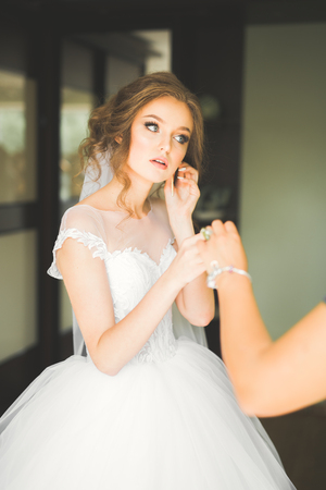 Luxury bride in white dress posing while preparing for the wedding ceremonyの写真素材
