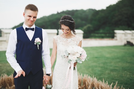 Luxury married wedding couple, bride and groom posing in old cityの写真素材