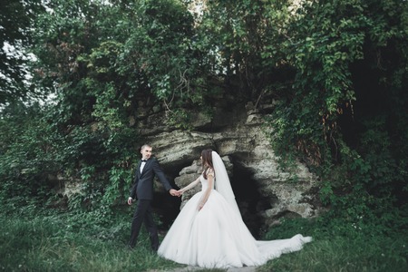Romantic, fairytale, happy newlywed couple hugging and kissing in a park, trees in backgroundの写真素材