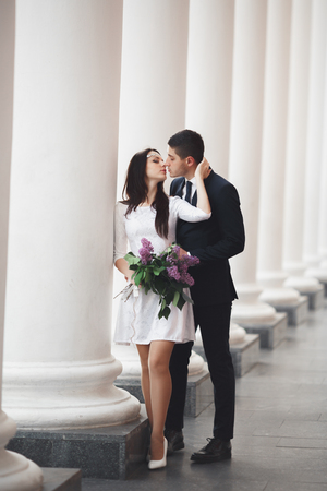 Beautiful couple, bride and groom posing near big white columnの写真素材