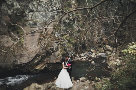 Wedding couple in love kissing and hugging near rocks on beautiful landscapeの写真素材