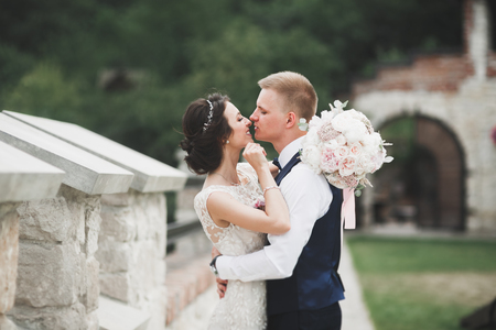 Luxury married wedding couple, bride and groom posing in old cityの写真素材