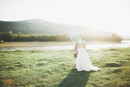 Gorgeous bride and stylish groom walking at sunny landscape, wedding couple, luxury ceremony mountains with amazing view, space for textの写真素材