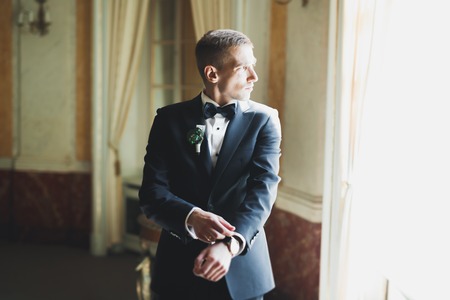 Happy handsome smiling groom posing with boutonniereの写真素材