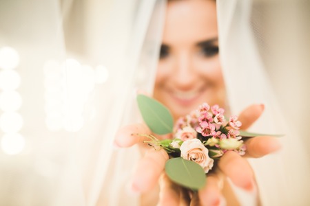 Gorgeous bride in robe posing and preparing for the wedding ceremony face in a roomの写真素材