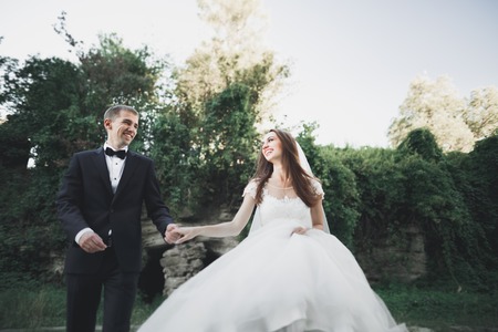 Newly married couple running and jumping in park while holding handsの写真素材