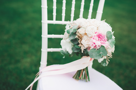 Beautiful wedding bouquet with different flowers, rosesの写真素材