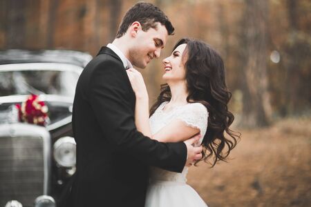 Just married happy couple in the retro car on their weddingの写真素材