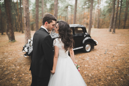 Stylish wedding couple, bride, groom kissing and hugging near retro car in autumnの写真素材