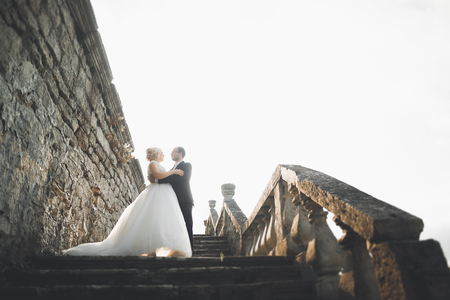 Beautiful romantic wedding couple of newlyweds hugging near old castleの写真素材