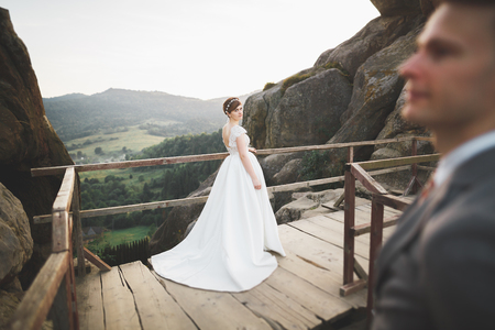 Beautiful wedding couple, bride and groom, in love on the background of mountainsの写真素材