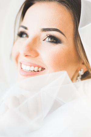 Portrait of beautiful bride with fashion veil at wedding morning.の写真素材