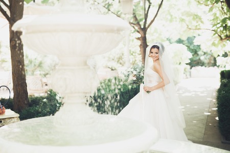 Beautiful brunette bride in elegant white dress holding bouquet posing neat treesの写真素材