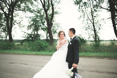 Romantic, fairytale, happy newlywed couple hugging and kissing in a park, trees in backgroundの写真素材