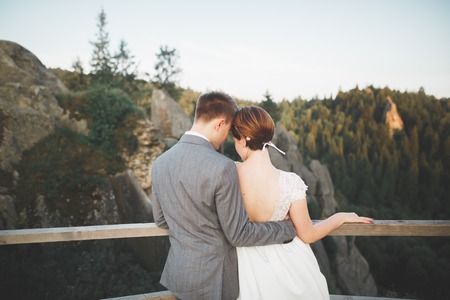 Beautiful wedding couple, bride and groom, in love on the background of mountainsの写真素材