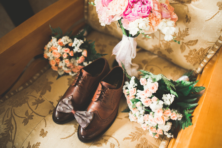 Mens accessories with luxury shoes. Top viewの写真素材