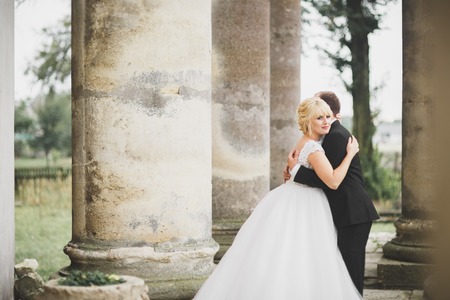 Amazing happy gentle stylish beautiful romantic caucasian couple on the background ancient baroque castleの写真素材