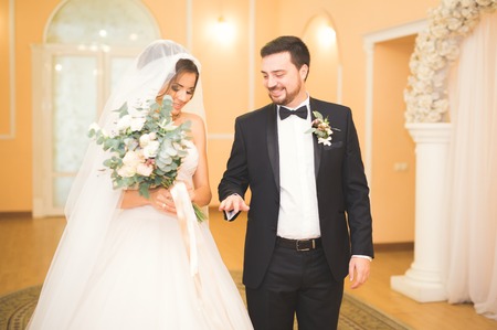 Beauty bride and handsome groom are wearing rings each other. Wedding couple on the marriage ceremony.の写真素材