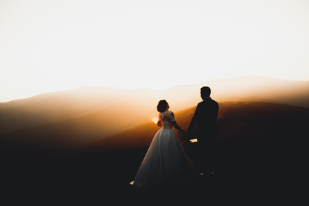 Wedding couple posing on sunset at wedding day. Bride and groom in loveの写真素材