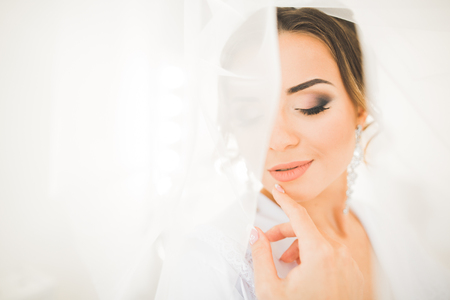Gorgeous bride in robe posing and preparing for the wedding ceremony face in a roomの写真素材